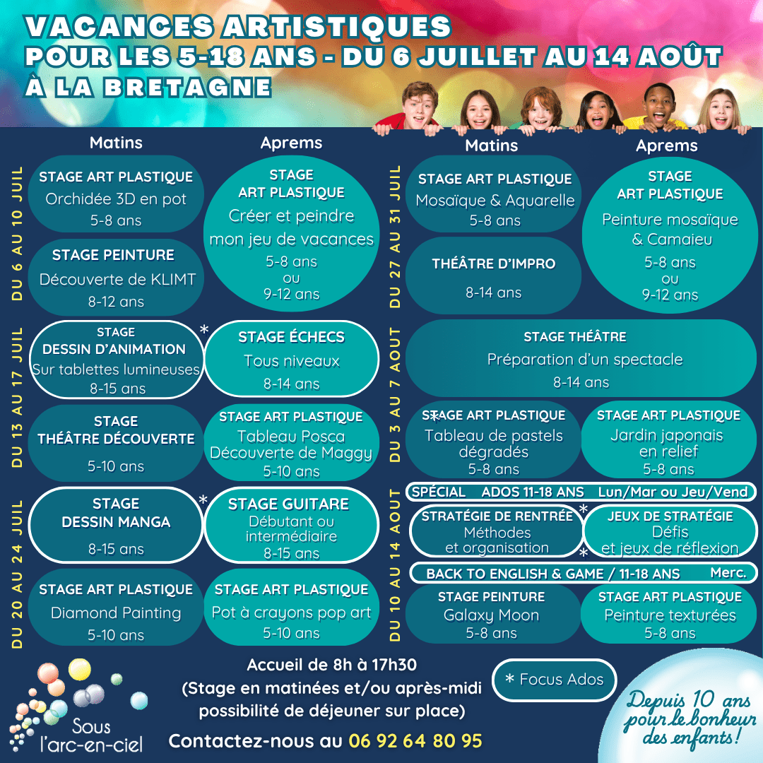 Le programme des vacances artistiques de Juil/Août&nbsp;26